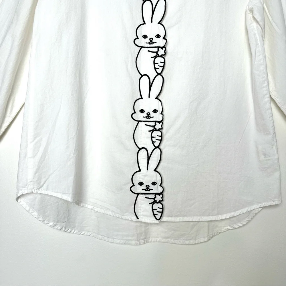 Kitschy Embroidered Rabbit with Crochet Carrot Dopamine Dressing Kawaii Blouse - Picture 6 of 9